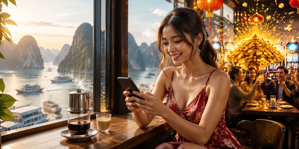 Người chơi thưởng thức casino trên mobile bên ly cà phê nhìn ra vịnh Hạ Long