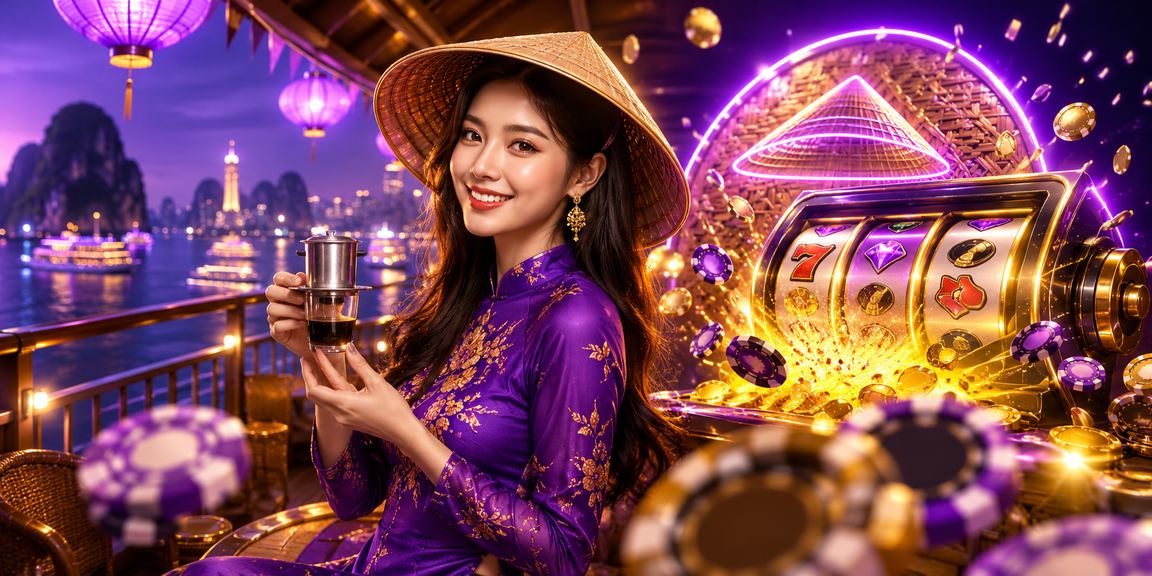 Người chơi thư giãn cùng slot game bên vịnh Hạ Long với nón lá truyền thống