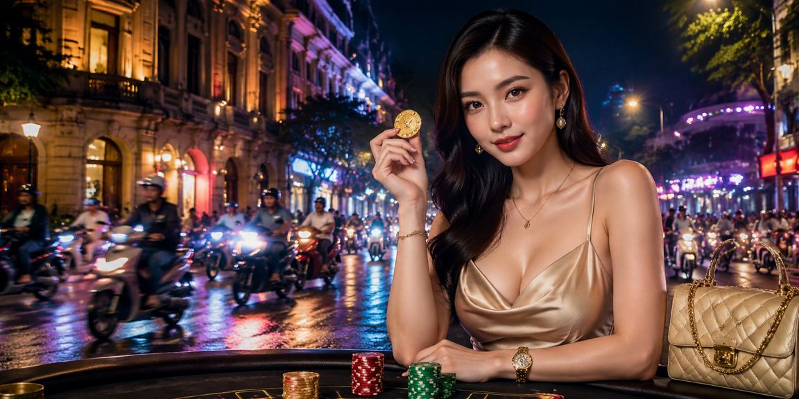 Người chơi trải nghiệm baccarat dưới ánh đèn neon tại Hà Nội về đêm
