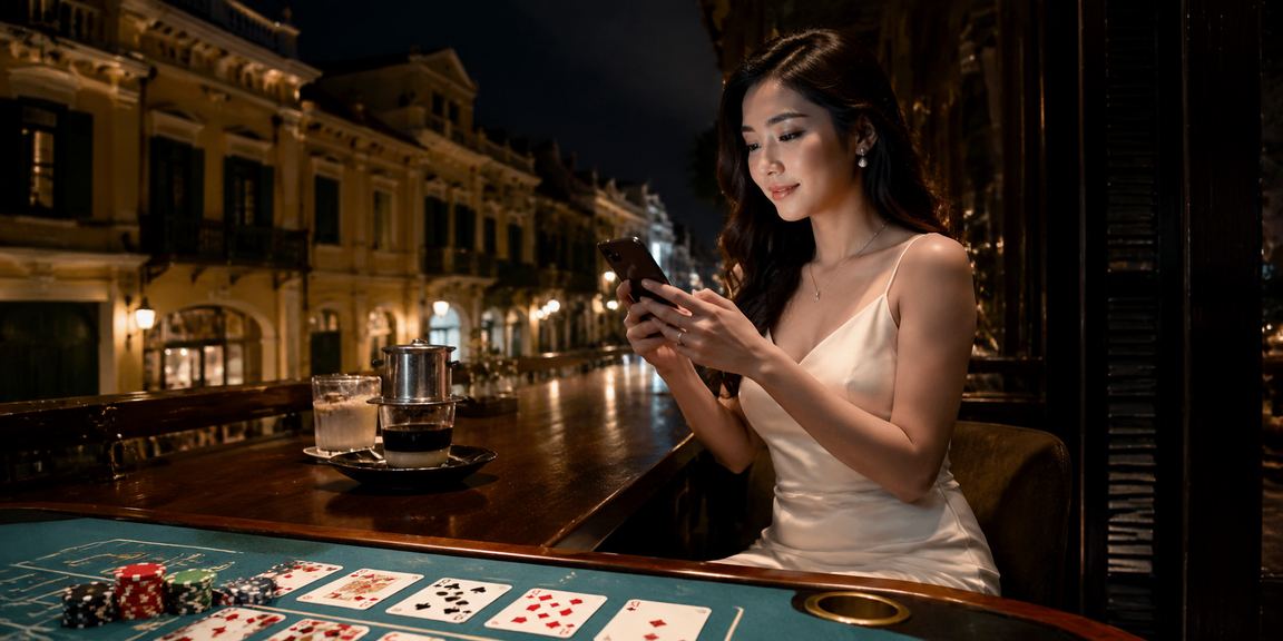 Người chơi baccarat tại Hà Nội trong không gian quán cà phê Việt Nam ấm cúng