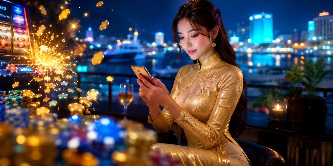 Người chơi slot game mặc áo dài trên điện thoại tại Nha Trang