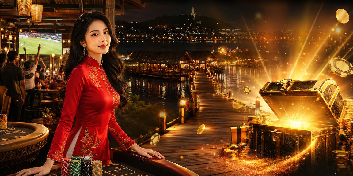 Không gian casino sang trọng Vũng Tàu với áo dài và ánh đèn neon rực rỡ về đêm